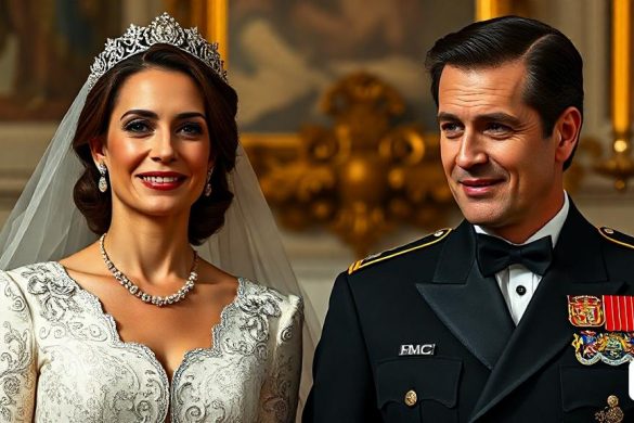 un home i una dona amb vestit de núvia l'un al costat de l'altre davant d'una pintura d'un home amb uniforme, Araceli Gilbert, imatge promocional, una pintura fotorealista, art en sèrie