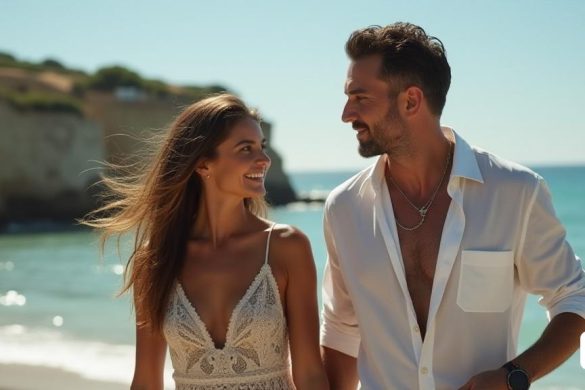 un home i una dona caminant per la platja junts agafats de la mà i somrient-se als ulls, Daphne Fedarb, imatge promocional, una imatge, neoromanticisme