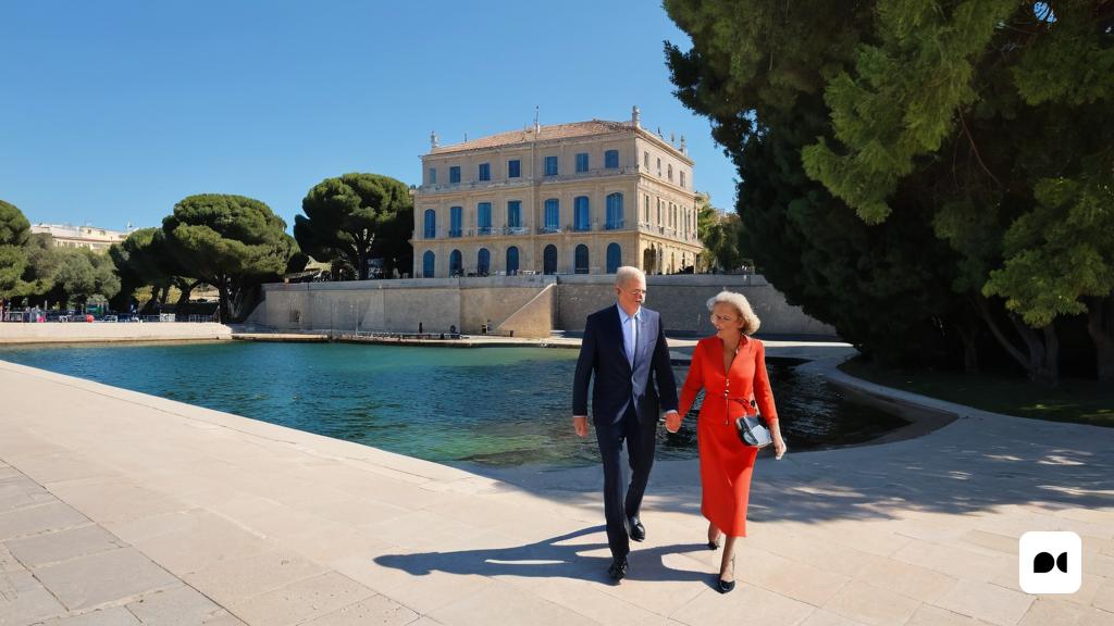 un home i una dona caminant per una vorera al costat d'un llac i un edifici al fons amb arbres, Enguerrand Quarton, fantàsticament cridaner, un retrat, art ingenu
