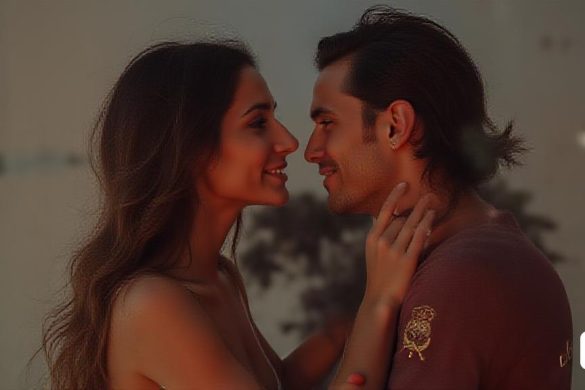 un home i una dona es miren i somriuen junts, amb la cara de la dona al costat, Byron Galvez, imatge promocional, una foto d'estoc, romanticisme