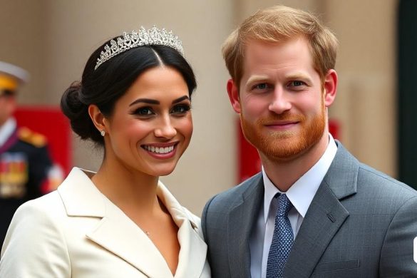 un home i una dona somriuen a la càmera mentre porten una tiara i un vestit i corbata, Caroline Lucy Scott, trets facials simètrics, una representació digital, premsa privada