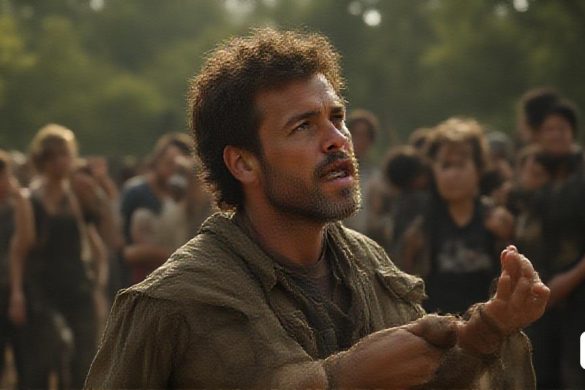 un home parat davant d'una multitud de gent en una zona forestal amb arbres al fons i una munió de gent en primer pla, Esteban Vicente, imatge promocional, retrat d'un personatge, primitivisme