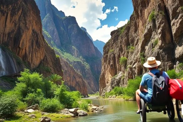 un home que va en bicicleta per un riu al costat d'una cascada en un canó amb una cascada al fons, Andrew Geddes, sensació de temor, una fotografia d'estoc, regionalisme