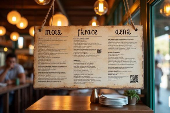un menú penjat del sostre d'un restaurant amb llums penjants a sobre i gent asseguda a una taula, Avgust Černigoj, tècnica d'impressió offset, un pòster, estil tipogràfic internacional