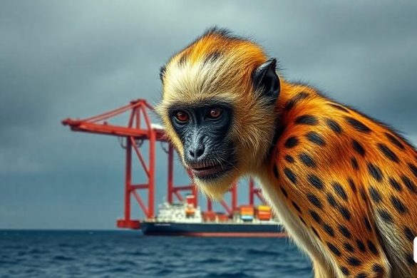 un mico està dret sobre una roca prop de l'oceà i una grua al fons és al cel, Arie Smit, fotografia de vida salvatge, una pintura fotorealista, fotografia d'art