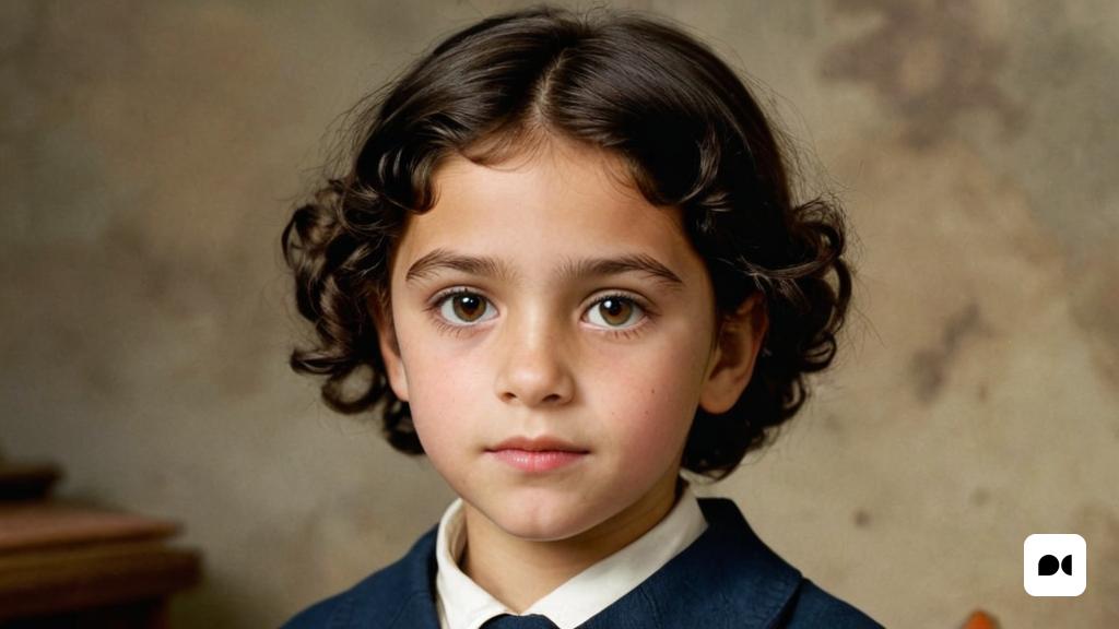 un nen jove amb vestit i corbata mirant la càmera amb una mirada seriosa a la cara i l'espatlla, Celia Fiennes, retrat fotorealista, pintura fotorealista, escola de París