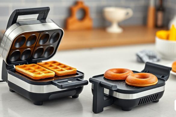 un parell de gofres asseguts a sobre d'un taulell al costat d'un plat de bunyols, Doug Ohlson, foto del producte, renderització en 3D, panfuturisme