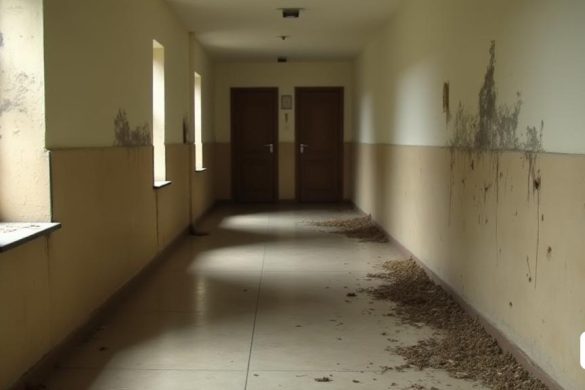 un passadís amb un munt de runes a terra i una porta a la paret i una finestra a la paret, Cornelia Parker, decadència, una pintura mat detallada, fluxus