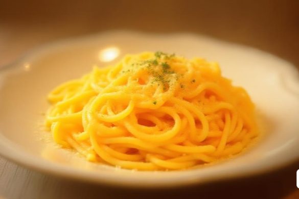 un plat d'espaguetis amb una guarnició a sobre sobre una taula amb una taula de fusta, Asai Chū, groc, una foto, raionisme