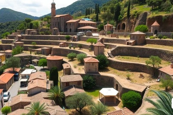 un poble amb una església i una torre de l'església al fons i una muntanya al fons amb arbres, Duccio, medieval, una foto tilt shift, romànic