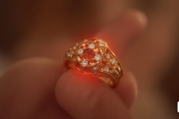 un primer pla d'una persona que sosté un anell amb diamants als dits i una llum vermella que brilla a l'anell, Everett Warner, anell d'elden, una imatge de traçat de raigs, fotorealisme