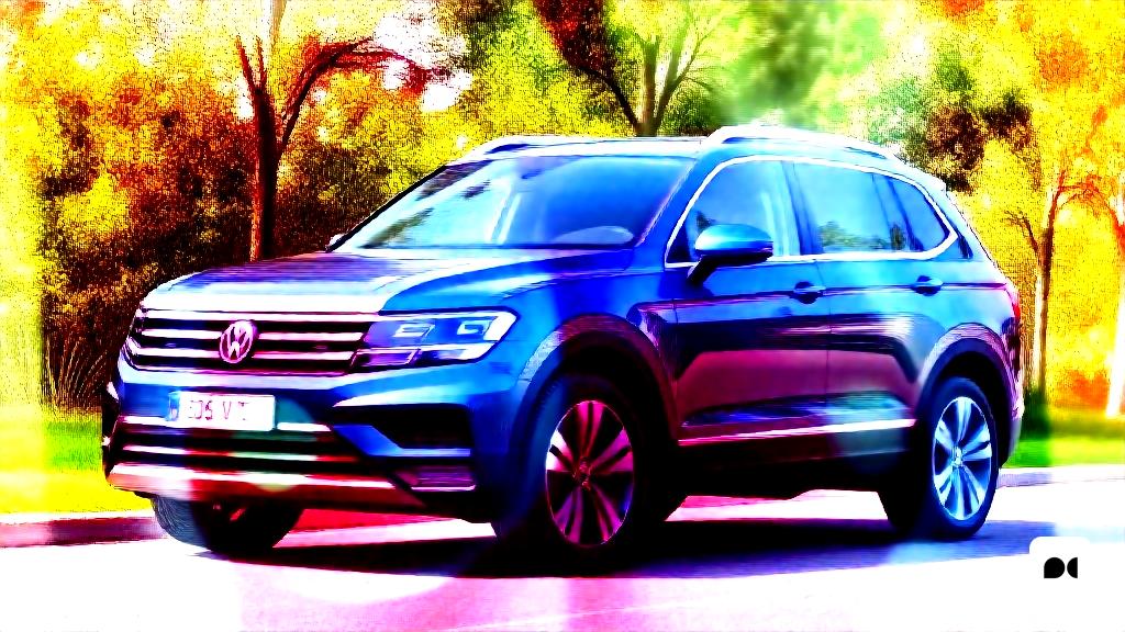 un SUV volkswagen blau conduint per un carrer al costat d'arbres i herba amb un fons colorit d'arbres i herba, Beta Vukanović, renderització realista, renderització digital, fotorealisme