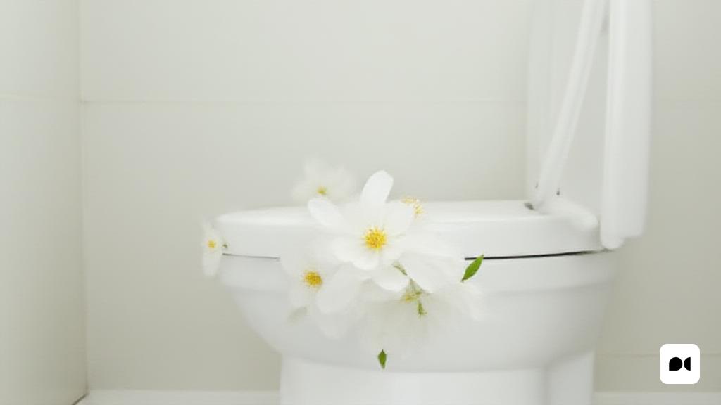 un vàter blanc amb una flor al seient i una paret blanca al darrere amb una cortina blanca i una paret blanca darrere, Fanny McIan, renderització realista, una foto d'estoc, postminimalisme
