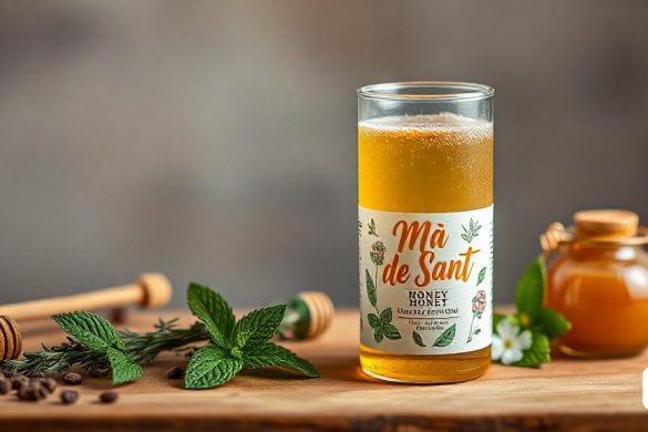 una ampolla de líquid asseguda a sobre d'una taula de fusta al costat d'un pot de líquid i una cullera de fusta, Évariste Vital Luminais, fotografia de producte, una foto d'estoc, art nouveau