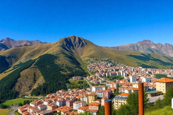 una ciutat enclavada a les muntanyes amb una vista de la vall a sota i una serralada al fons, Enguerrand Quarton, vista panoràmica, una pintura mat, hurufiyya