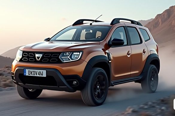 una Dàcia marró conduint per una carretera del desert amb muntanyes al fons i pols que vola a la carretera, Beta Vukanović, imatge promocional, renderització en 3D, panfuturisme