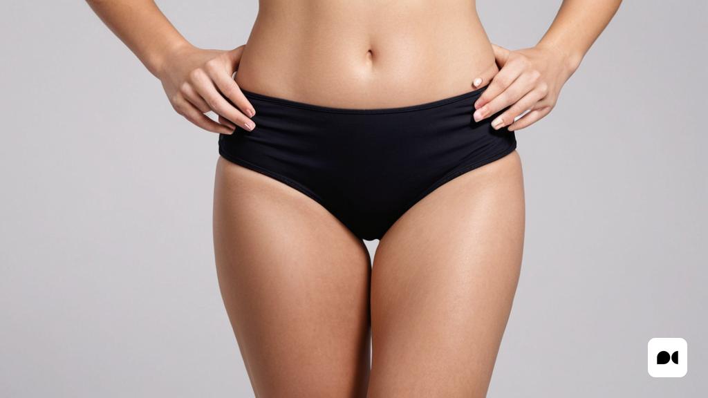 una dona amb un bikini negre amb les mans als malucs i la mà dreta al maluc, Christian Hilfgott Brand, figura esvelta de rellotge de sorra, renderització 3D, superplana
