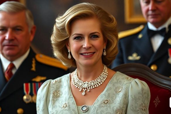 una dona amb un vestit blanc i un home amb uniforme militar estan al darrere i somriuen a la càmera, Anna Maria Barbara Abesch, joies, un retrat, escola de quito