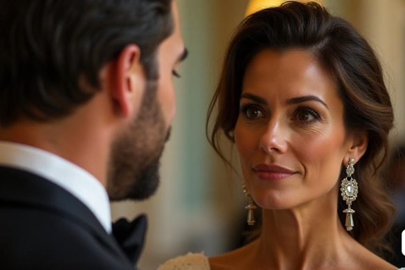 una dona amb un vestit blanc i un home amb vestit i corbata mirant-se amb una mirada seriosa a la cara, Eva Gonzalès, imatge promocional, un retrat, art informel