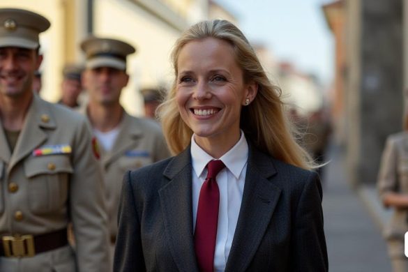 una dona amb vestit i corbata davant d'un grup d'homes i dones uniformats, Anna Maria Barbara Abesch, imatge promocional, retrat d'un personatge, dau-al-set