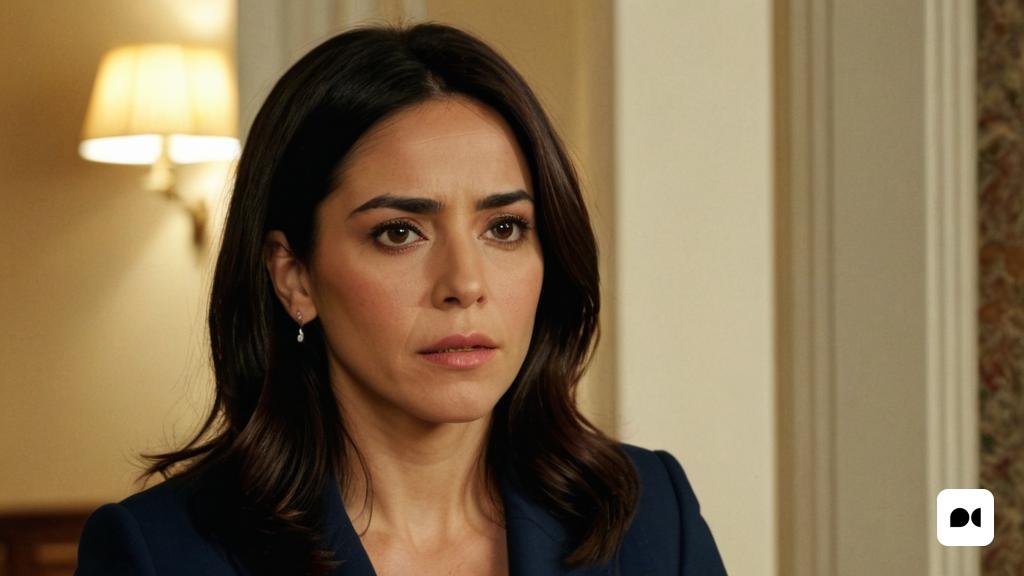 una dona amb vestit mira la càmera amb una mirada seriosa a la cara i l'espatlla, en una habitació d'hotel, Araceli Gilbert, imatge promocional, un retrat de personatge, tachisme