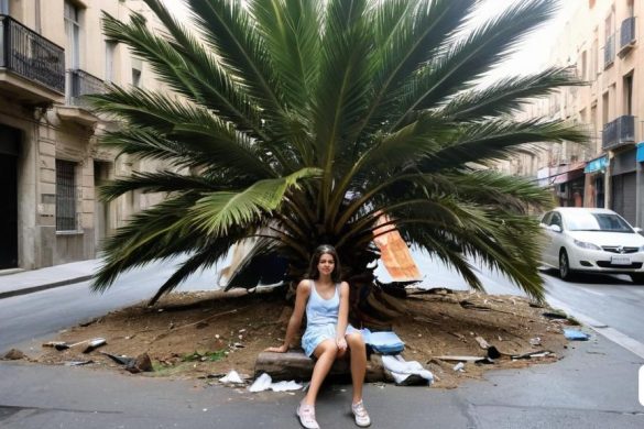 una dona asseguda en una soca d'arbre al mig d'un carrer amb un cotxe aparcat a prop al fons, Carol Bove, palmeres, una foto d'estoc, arte povera
