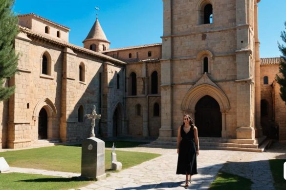 una dona de peu davant d'una església amb una torre del rellotge al fons i una estàtua en primer pla, Eva Gonzalès, medieval, una foto, romànic