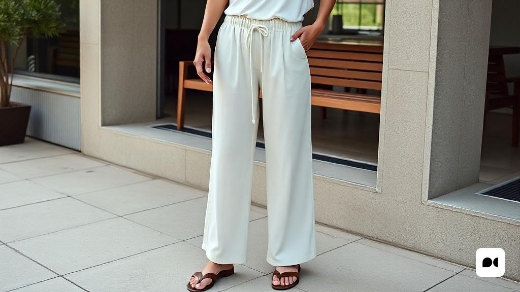 una dona dempeus a la vorera amb un top blanc i pantalons amb corbata al voltant de la cintura i un banc de fusta darrere d'ella, Christian Hilfgott Brand, colors apagats neutres, una foto d'estoc, minimalisme