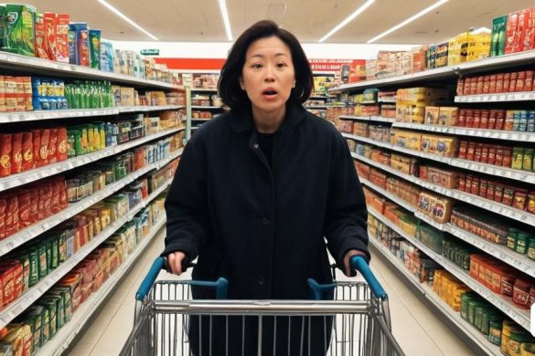 una dona està empenyent un carro de la compra pel passadís d'una botiga de queviures amb llaunes de refresc i sorprès, Byeon Sang-byeok, hola - fructosa, una captura de pantalla, dau-al-set