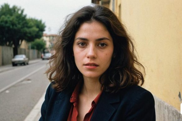 una dona parada al costat d'un carrer al costat d'un edifici i un cotxe a la carretera darrere d'ella, Caterina Tarabotti, cara perfecta, un retrat, arte povera