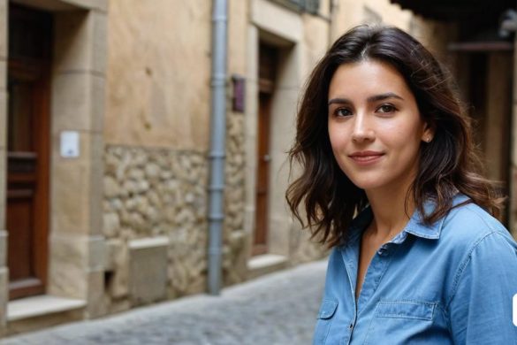 una dona parada en un carreró amb una camisa blava i una camisa texana somrient a la càmera amb un edifici de pedra al fons, Eva Gonzalès, fotografia de retrat, una fotografia d'estoc, hiperrealisme