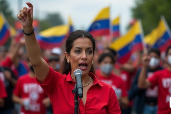 una dona parlant per un micròfon davant d'una multitud de persones amb banderes i camises vermelles amb banderes grogues i blaves, Amelia Peláez, maia, una foto, realisme socialista