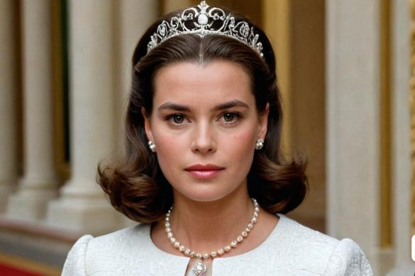 una dona que porta una tiara i perles es troba davant d'un edifici amb columnes i columnes darrere, Florence Engelbach, imatge promocional, un retrat, hiperrealisme
