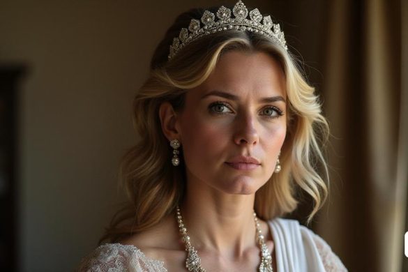 una dona que porta una tiara i perles mira per una finestra a la càmera mentre porta un collaret i arracades, Annabel Kidston, imatge promocional, un retrat, hiperrealisme