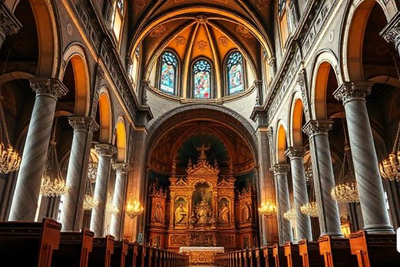 una església amb un gran altar i un vitrall al centre de la sala amb columnes i canelobres, Andrea Pozzo, art nou, un barroc flamenc, romànic