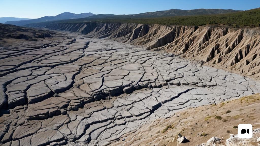 una gran àrea oberta amb una escletxa molt gran al terra i muntanyes al fons, amb un cel blau, Arkhip Kuindzhi, desolat, una pintura mate detallada, superplana