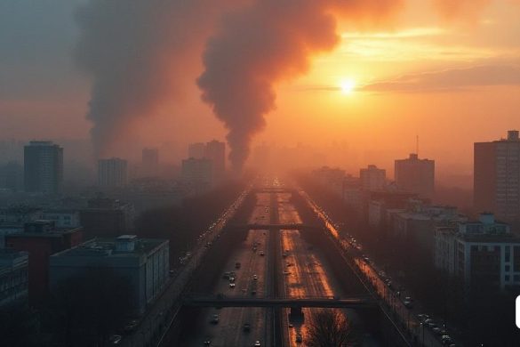 una gran columna de fum s'eleva des de l'horitzó d'una gran ciutat mentre el sol es pon a la distància darrere d'una gran àrea industrial, Artur Tarnowski, apocalíptic, una pintura mat, art en sèrie