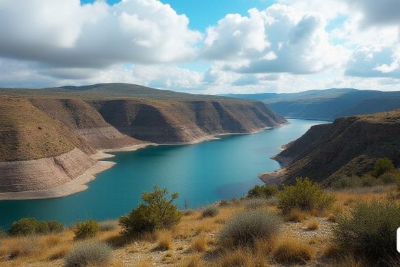 una gran massa d'aigua envoltada de muntanyes i herba en un dia ennuvolat amb uns quants núvols al cel, Albert Dorne, paisatge preciós, una pintura mat, incoherents