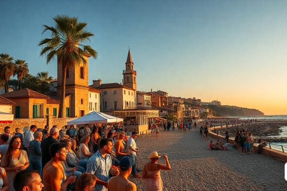 una multitud de persones a la part superior d'una platja al costat d'un cos d'aigua al capvespre amb una torre del rellotge al fons, Florence Engelbach, vista panoràmica, una foto de desplaçament d'inclinació, realisme màgic