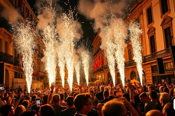 una multitud de persones al voltant d'un carrer amb focs artificials a l'aire i gent fent-los fotos amb els seus telèfons mòbils, Edi Rama, espurnes, una foto d'estoc, accionisme vienès