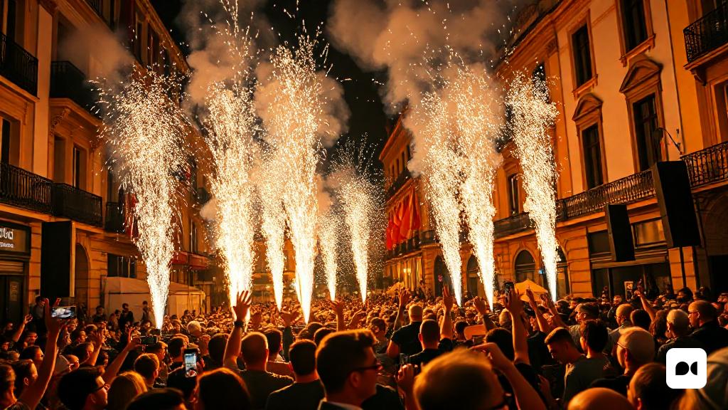 una multitud de persones al voltant d'un carrer amb focs artificials a l'aire i gent fent-los fotos amb els seus telèfons mòbils, Edi Rama, espurnes, una foto d'estoc, accionisme vienès