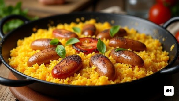 una paella farcida d'arròs i embotits al damunt d'una taula al costat de tomàquets i un ganivet i una forquilla, Ceferí Olivé, fotografia alimentària professional, un pastel, dau-al-set