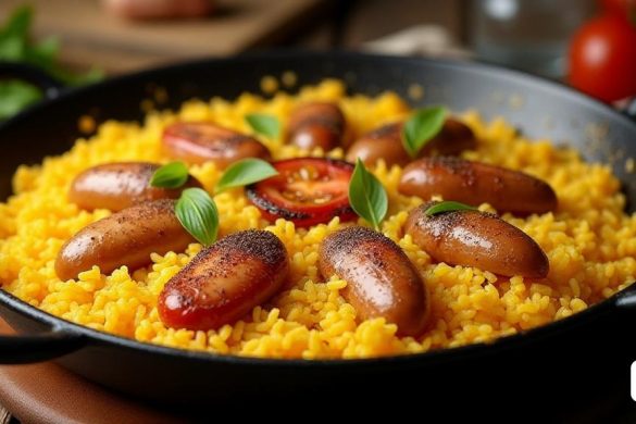 una paella farcida d'arròs i embotits al damunt d'una taula al costat de tomàquets i un ganivet i una forquilla, Ceferí Olivé, fotografia alimentària professional, un pastel, dau-al-set