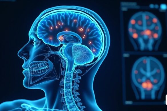 una pantalla d'ordinador que mostra un cap i un cervell humà amb llums brillants al fons foto d'un cap i un cervell humà, Beeple, cibernètica, un holograma, neoplasticisme