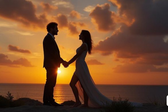 una parella agafada de la mà mentre està dempeus a una platja al capvespre amb el sol posant-se darrere d'ells i núvols al cel, Bracha L. Ettinger, fotografia cinematogràfica, una foto d'estoc, neoromanticisme