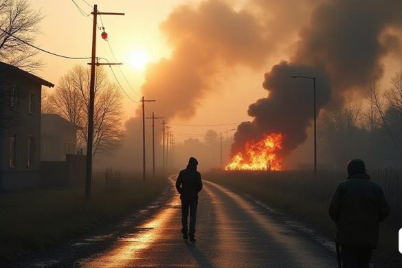una persona caminant per una carretera prop d'un foc que crema a la llunyania amb el fum que s'enfila de les piles, Dahlov Ipcar, post apocalíptic, una foto d'estoc, excessivisme