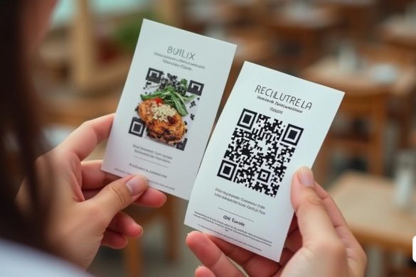 una persona que té dues petites targetes de visita a les mans amb un codi qr, en un restaurant, Avgust Černigoj, biopunk, una foto d'estoc, fluxus