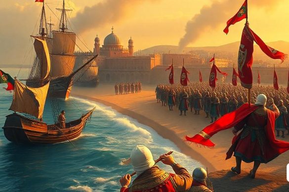 una pintura d'un grup de persones dempeus a una platja al costat d'un cos d'aigua amb un vaixell a l'aigua, Altoon Sultan, pintura mate cinematogràfica, una pintura mate detallada, art fantàstic