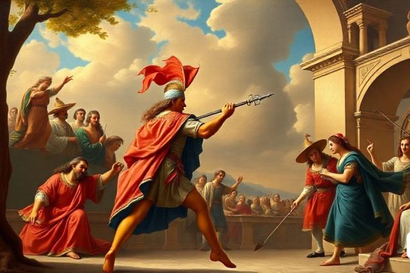 una pintura d'un home amb una espasa davant d'una multitud de gent en un pati amb un rellotge, Cornelis van Poelenburgh, pintura clàssica, una pintura ultrafina detallada, neoclassicisme