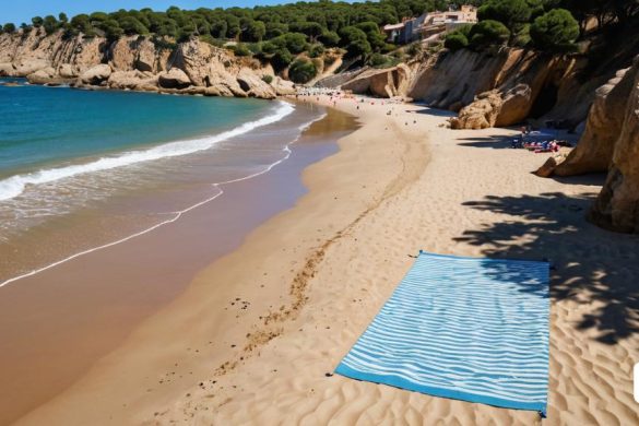una platja amb una tovallola blava i un penya-segat al fons amb un cel blau i aigua, Christo, platja, una pintura amb aerògraf, land art